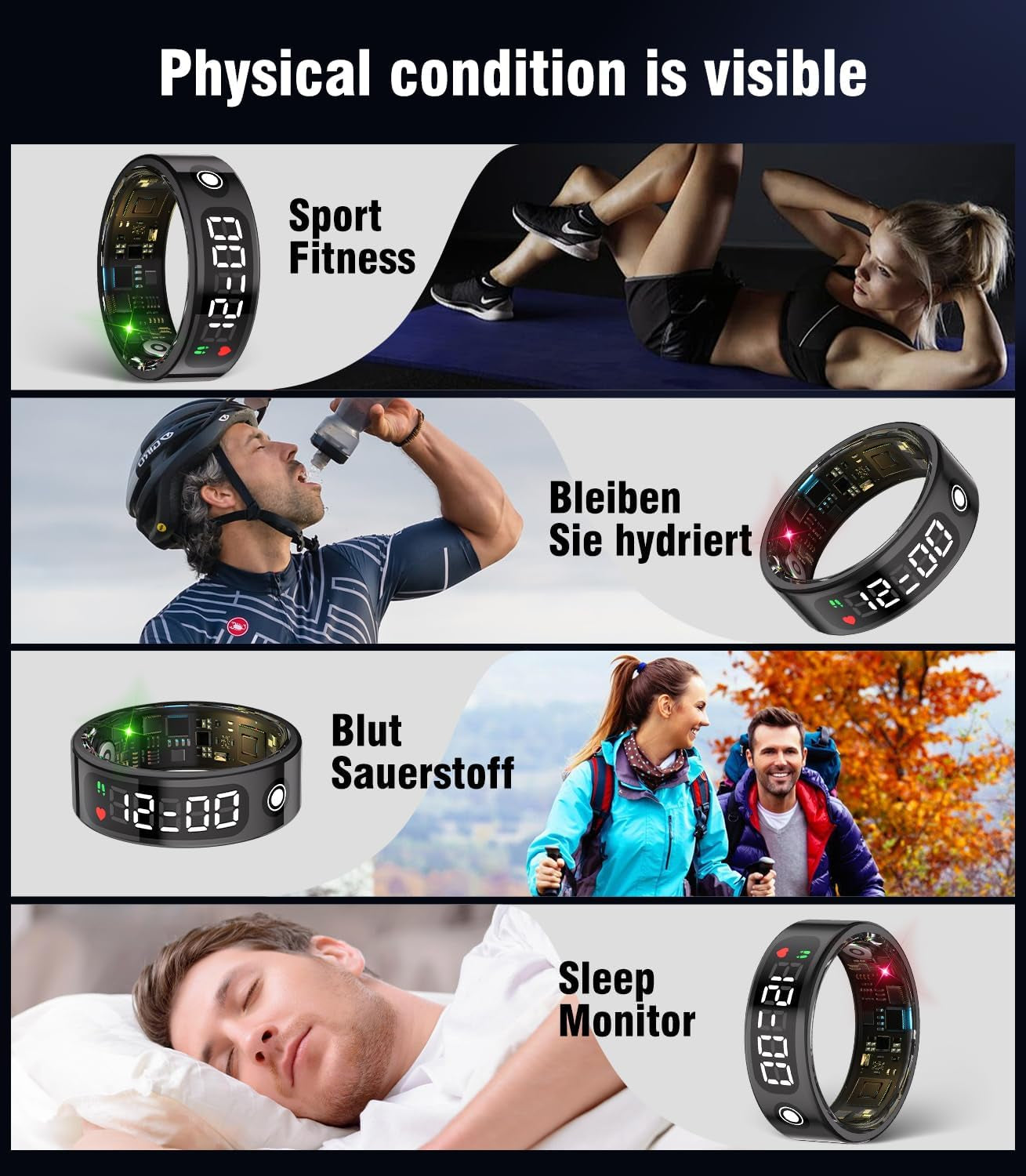 2025 Smart Ring Mit LED Screen【5.3+Edr Technologie - 0,1%± Fehler】【5Atm Wasserdicht - SGS Zertifiziert】Smartring Für Männer Und Frauen Zur Überwachung Von Schlaf, Herzfrequenz, Blutsauerstoff
