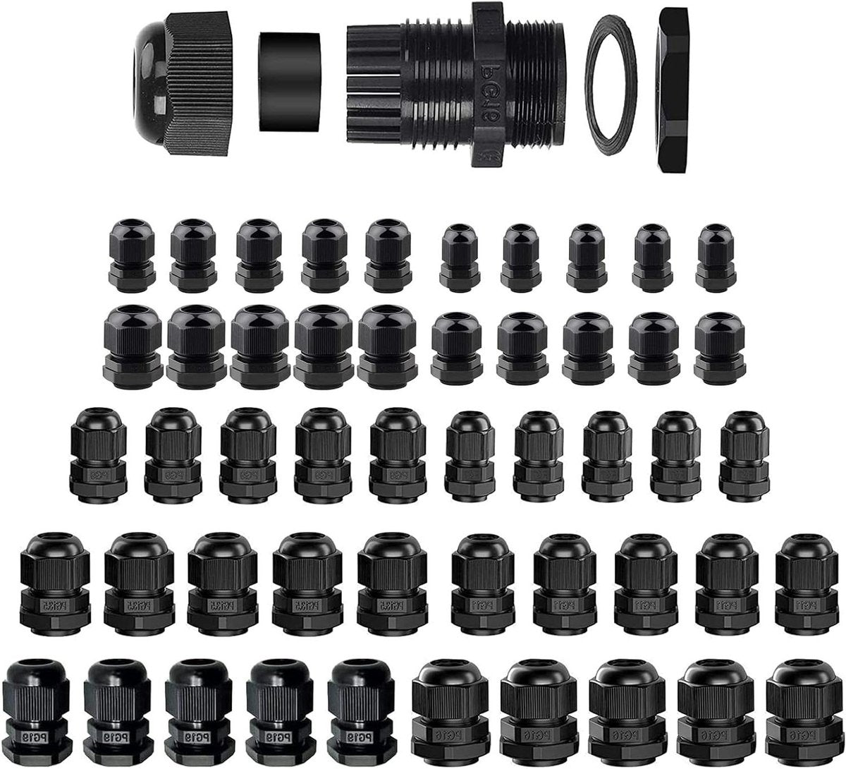 Zwarte waterdichte instelbare kabelschroefverbindingen M12 M16 M20 M25 PG7 PG9 PG11 PG135 PG16 PG19