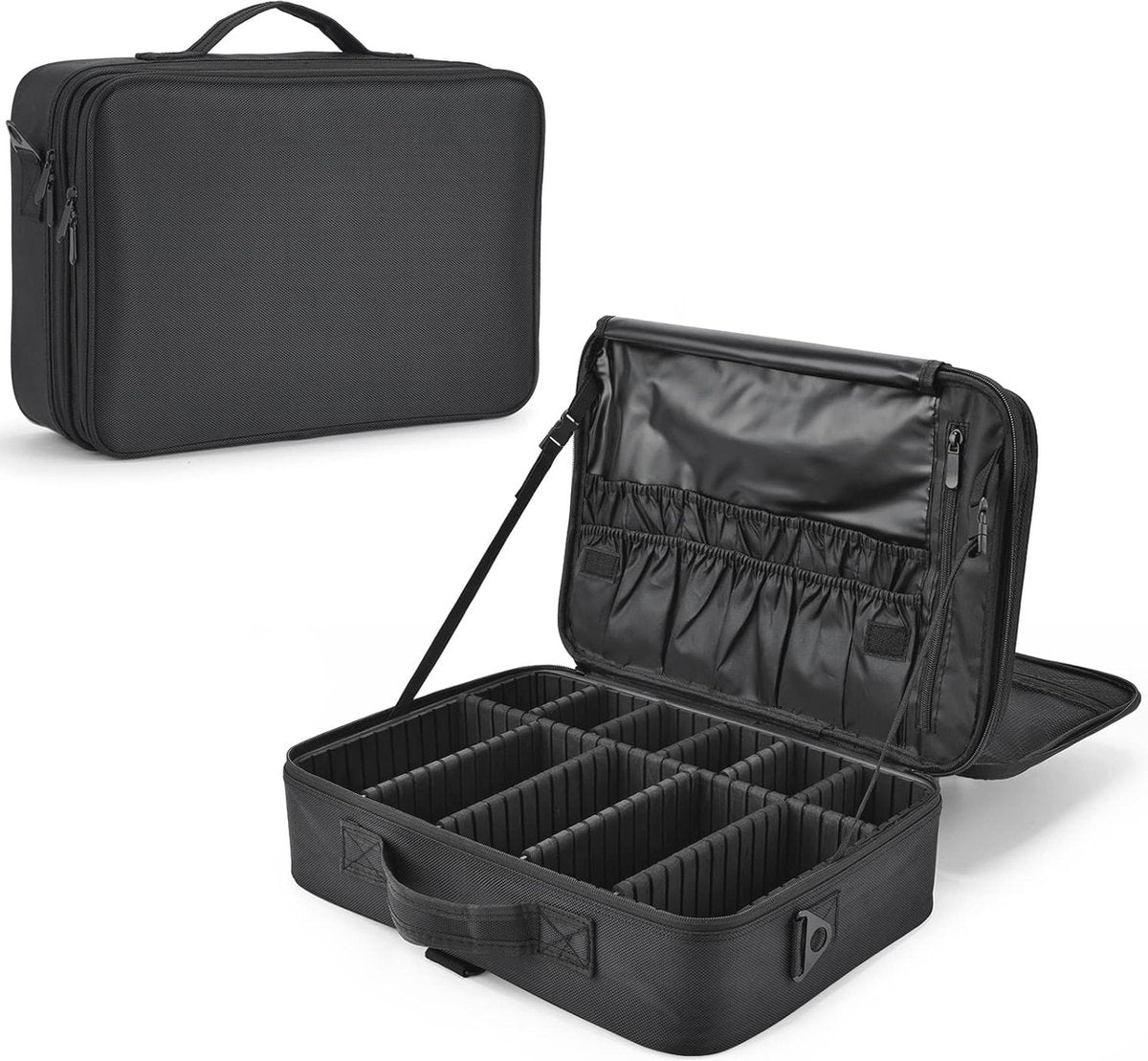 Zwarte grote make-upkoffer en cosmetica-organizer - veelzijdige beautycase met 12 vakken voor kwaste