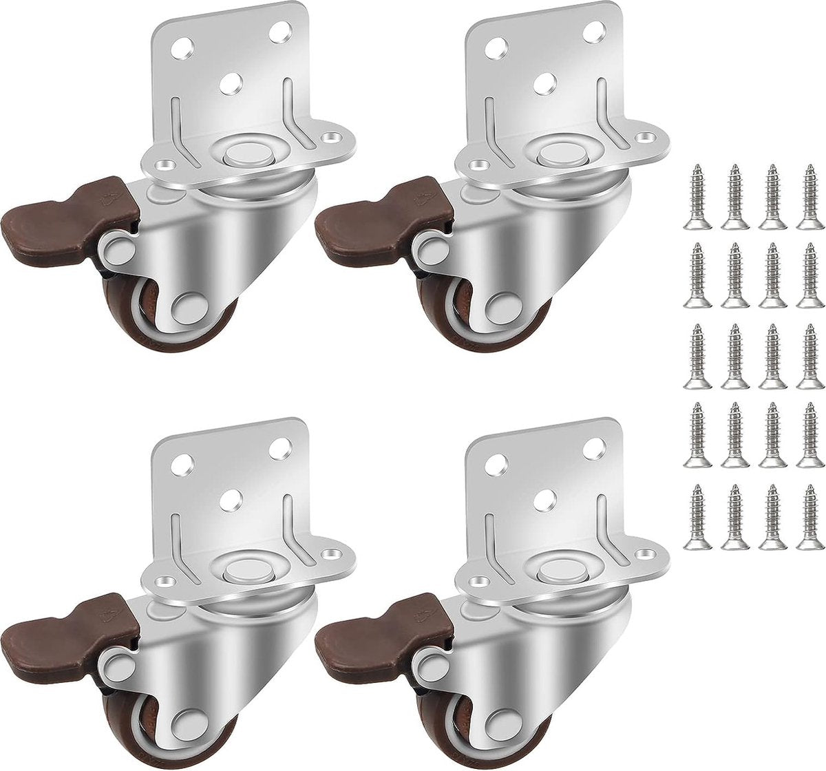 Zwenkwielenset 32 mm, 4 stuks meubelwielen van TPE, transportwielen met 20 schroeven, wielen met rem