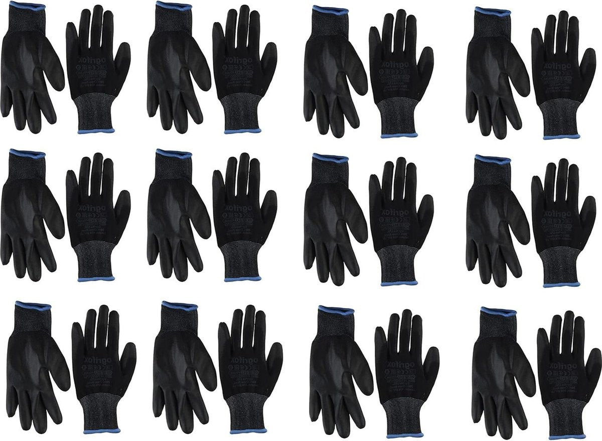 Zwarte nylon werkhandschoenen met PU-coating voor tuinieren en bouw - 12 of 24 paar