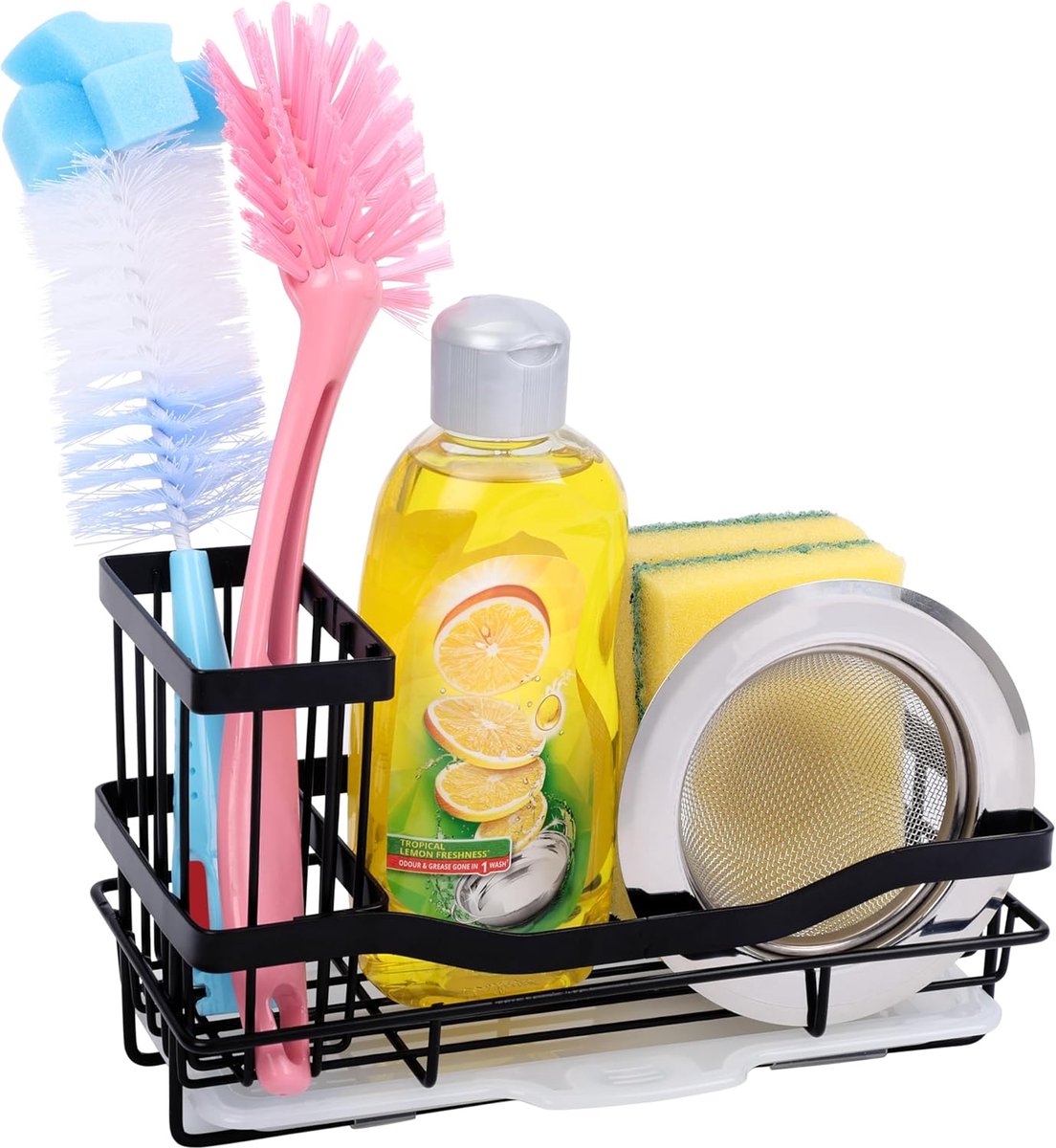 Zwarte Ijzeren Keuken Gootsteen Organizer - Roestbestendige Caddy met Sneldrogende Drup Tray voor Ke