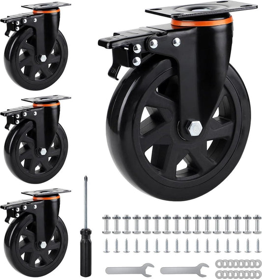 Zwenkwielen 150 mm met rem - 4 stuks - zware lasten - montageaccessoires - meubelwielen - belasting 