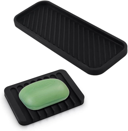 Zwarte siliconen afvoermat met zeephouder en sponshouder voor de keuken - Antislip gootsteenmanager