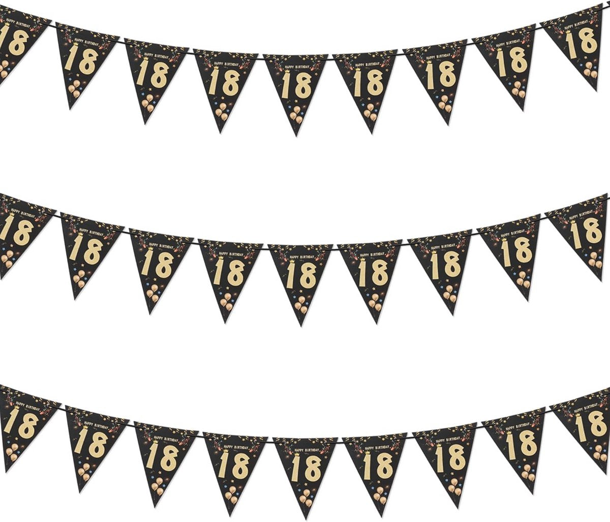 Zwart-Gouden Verjaardagsbanner voor 18e Verjaardag - Hangende Vlaggetjesslinger voor Mannen en Vrouw