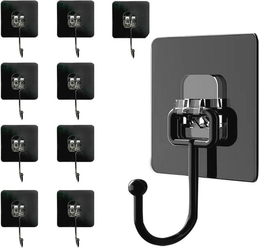 Zwarte zelfklevende kleefhaken voor badkamer en keuken - 10 stuks, waterdicht en zonder sporen, maxi