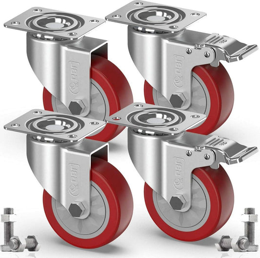 Zwenkwielen met remmen - 100 mm - Tot 600 kg - 360° draaibare wieltjes - Trolley wielen - PU rubber 