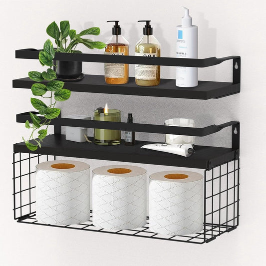 Zwevende Plank Wandplank van hout 40 cm - Industrieel met metalen opbergmand zwart - Wandplank muur 