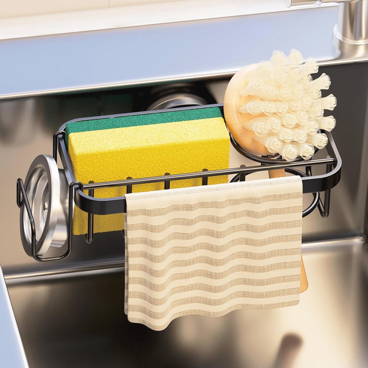 Zwarte Gootsteen Organizer met Sterke Zuigkracht voor Spons en Borstel