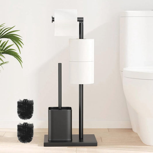 Zwarte staande toiletpapierhouder met wc-borstel en reserverolhouder - Roestvrij staal 3-in-1 set