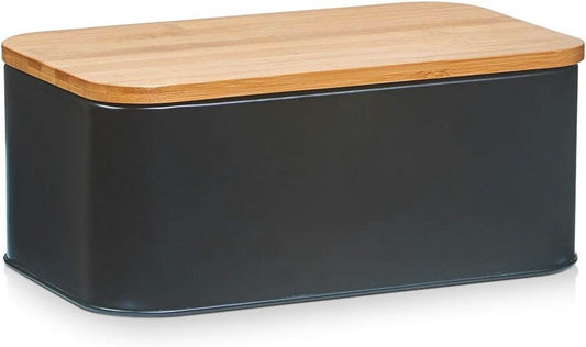 Zwarte metalen broodtrommel met bamboedeksel - 31 x 18 x 12,5 cm