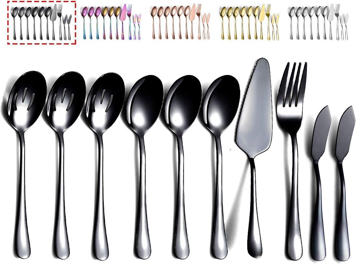 Zwarte bestekserveerset 10-delig, serveerset bestaande uit 3 opscheplepels, 3 schuimspaantjes, 1 ser