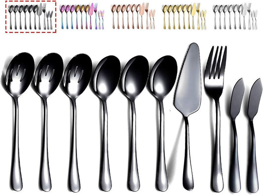 Zwarte bestekserveerset 10-delig, serveerset bestaande uit 3 opscheplepels, 3 schuimspaantjes, 1 ser