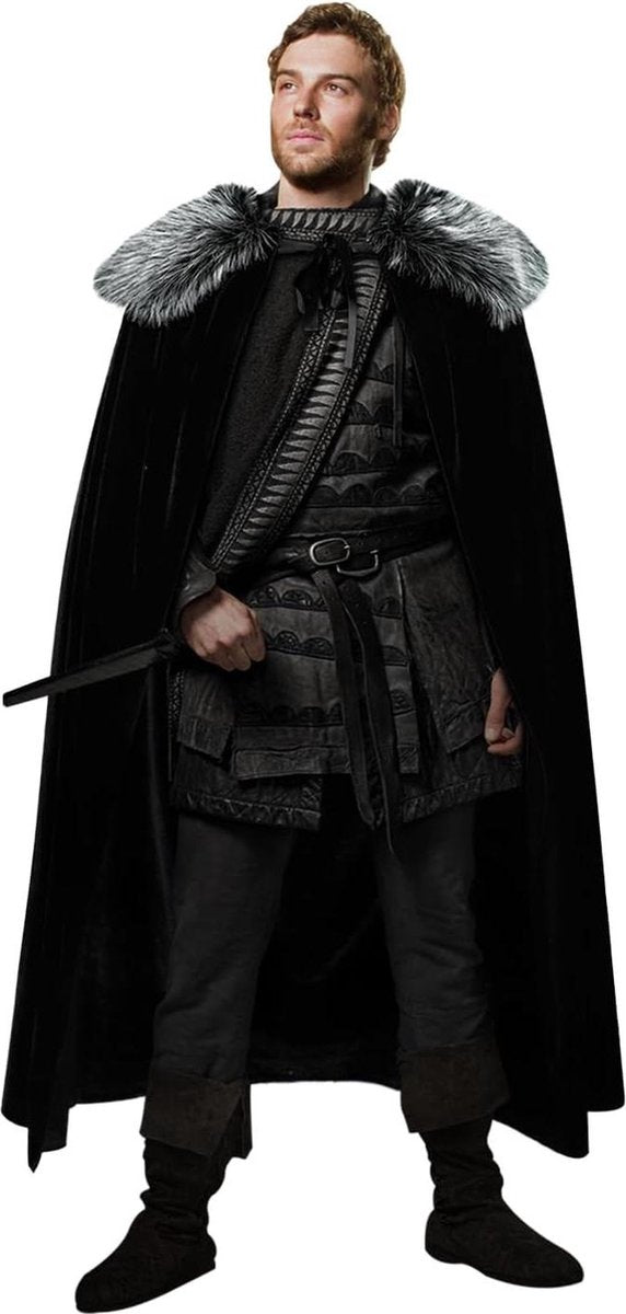 Zwarte fluwelen cape met afneembare Vikingbontkraag middeleeuwse bontcape in zwart en wit