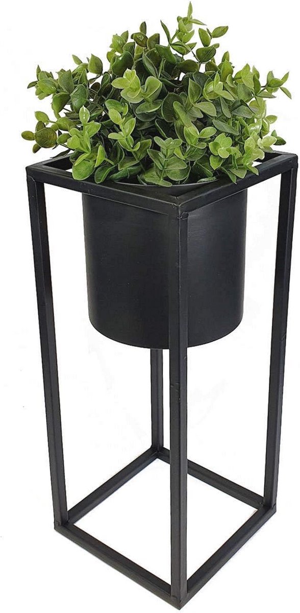 Zwarte Metalen Bloempotstandaard met Ronde Pot - 35 cm - Hoekige Plantenstandaard