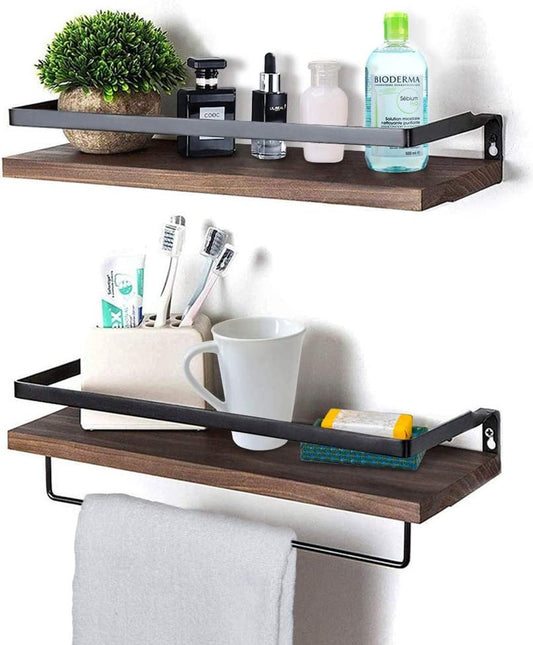 Zwevende houten wandplank met handdoekenhouder - rustieke opbergplanken - 2 stuks - donkerbruin